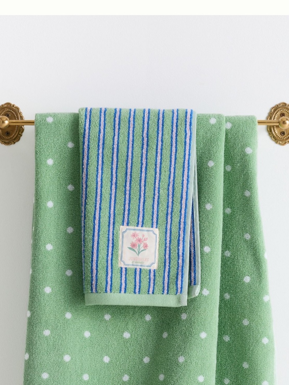 🇫🇷Anthropologie Hand Towel New Green Stripe Flower Jonquilles Et Bouquets